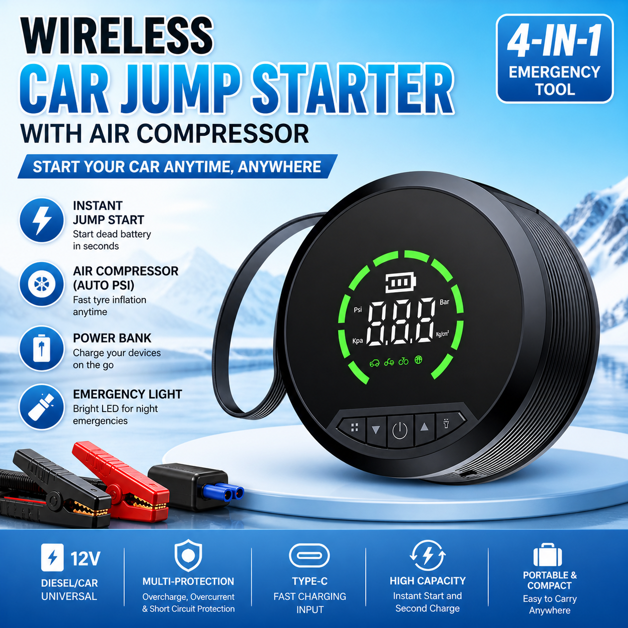 Ikanz™ 4 in 1 Wireless Car Jump Starter with Air Compressor